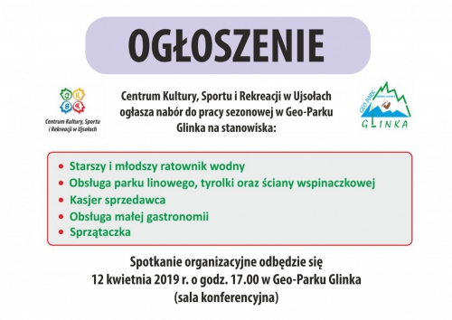 Praca na sezon 2019 w Geo-Parku Glinka