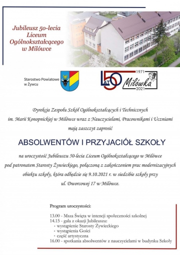 Uroczystość Jubileuszu 50-lecia Liceum Ogólnokształcącego w Milówce